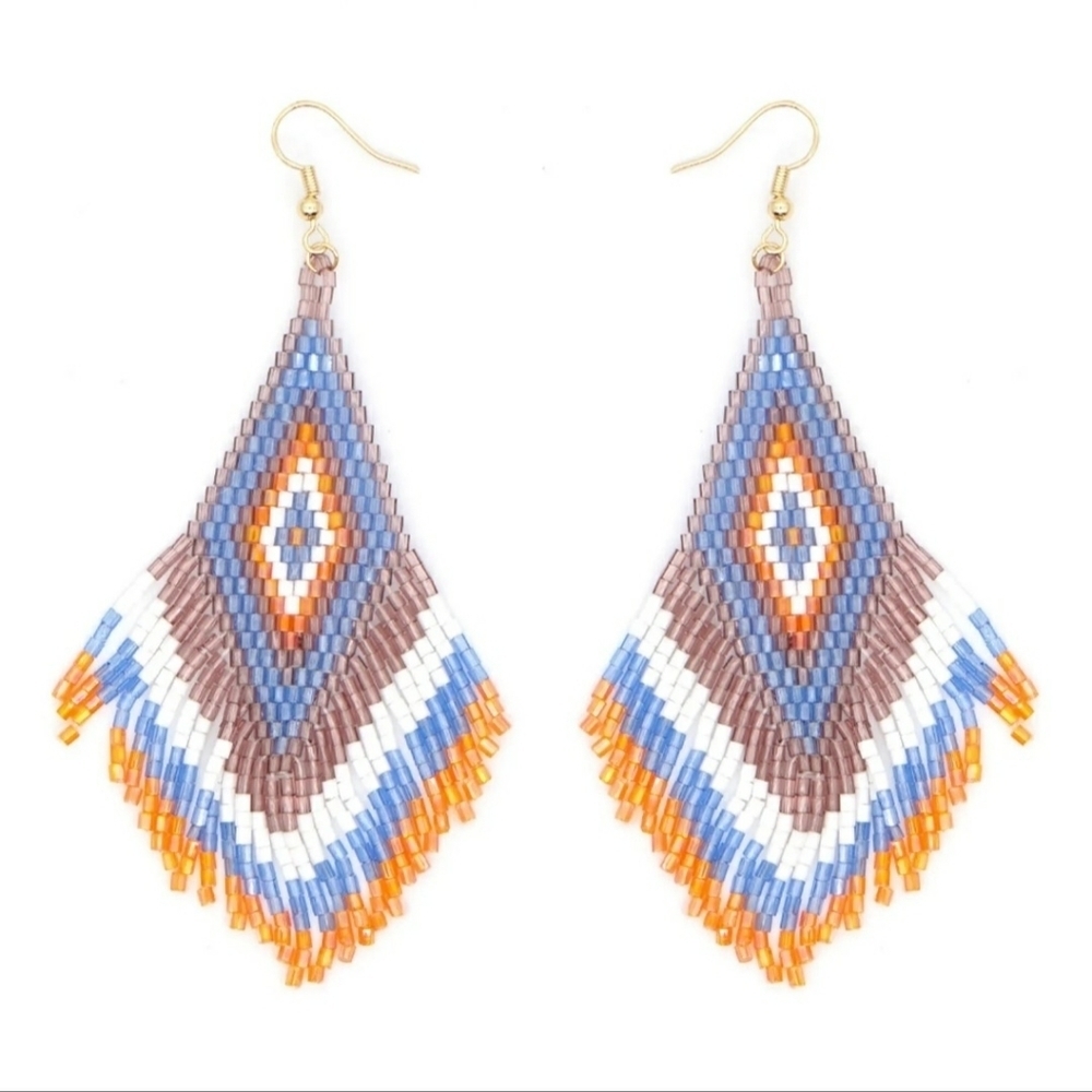 Beaded Earrings Blue Yellow/Gold & White Miyuki Rice Beads - Picture 4 of 7